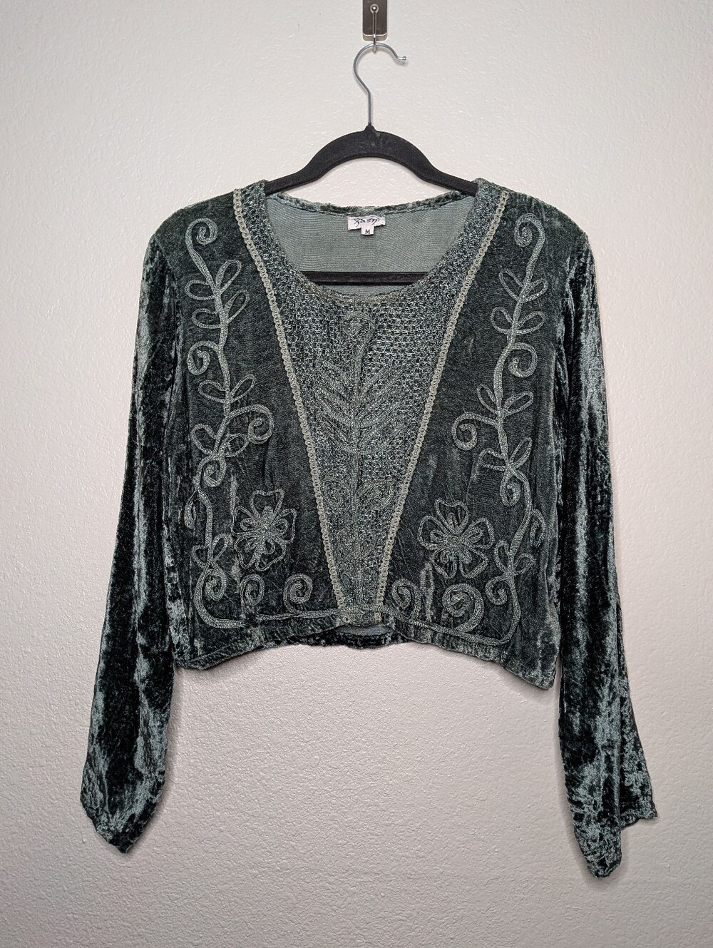 Kashi Dark Green Renaissance Faire Fairycore Velvet Cropped Embroidered Top M